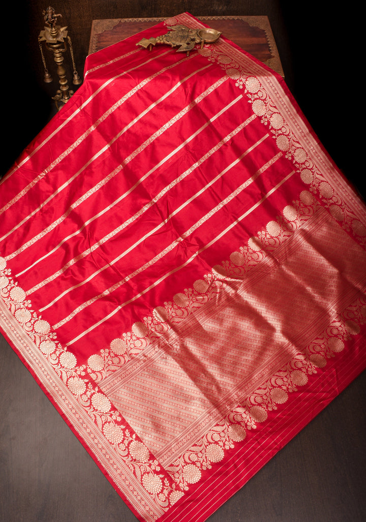 Stunning Red Banarasi Katan Silk Saree with Zari Stripes and Zari Border| SILK MARK CERTIFIED