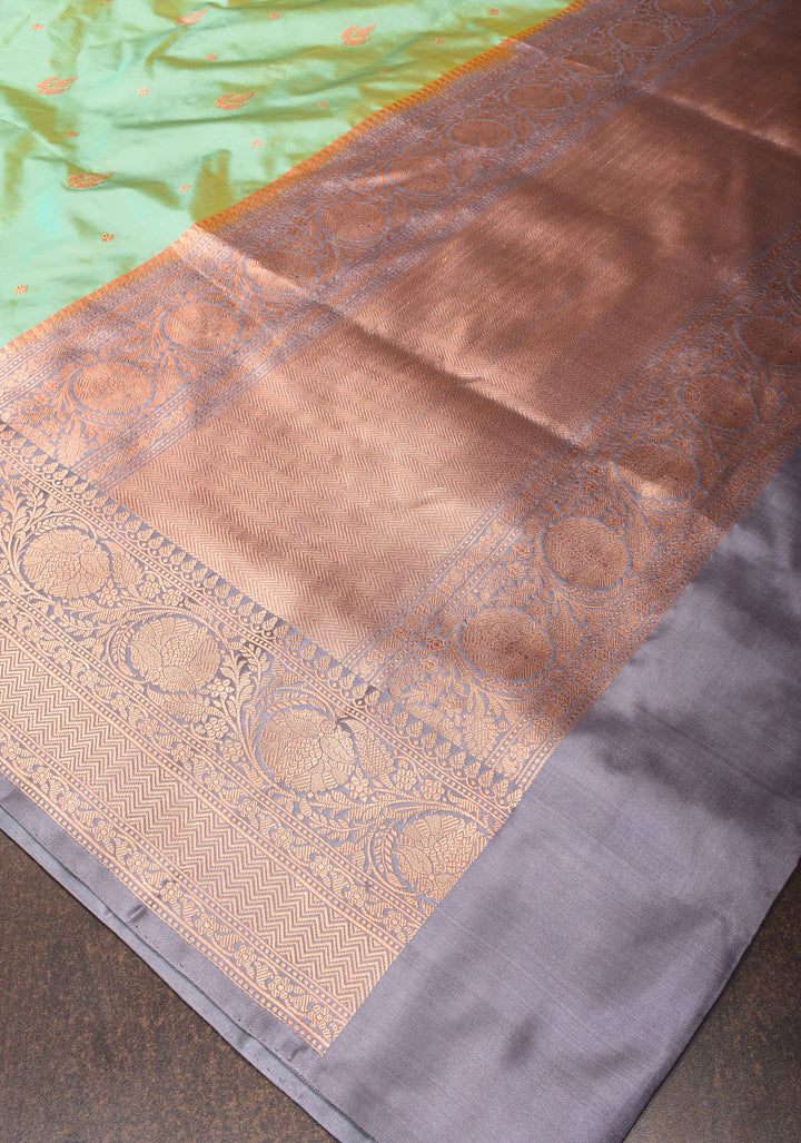 Banarasi Katan silk saree in Light green dual tone with zari buttas and gray contrast border| SILK MARK CERTIFIED