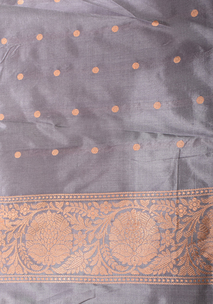 Banarasi Katan silk saree in Light green dual tone with zari buttas and gray contrast border| SILK MARK CERTIFIED