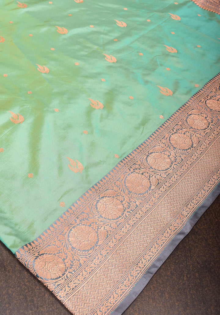 Banarasi Katan silk saree in Light green dual tone with zari buttas and gray contrast border| SILK MARK CERTIFIED