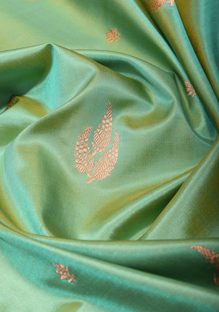 Banarasi Katan silk saree in Light green dual tone with zari buttas and gray contrast border| SILK MARK CERTIFIED