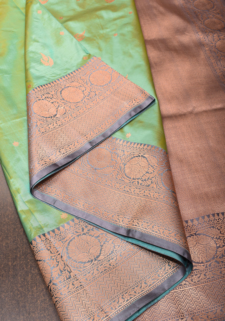 Banarasi Katan silk saree in Light green dual tone with zari buttas and gray contrast border| SILK MARK CERTIFIED