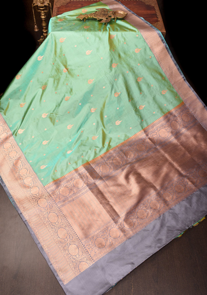 Banarasi Katan silk saree in Light green dual tone with zari buttas and gray contrast border| SILK MARK CERTIFIED