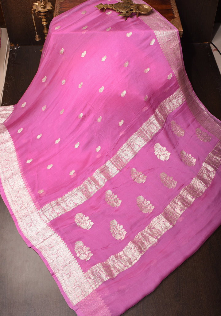 Thistle Banarasi Chiffon Silk Saree with Silver Zari Buttas and Zari Border | SILK MARK CERTIFIED