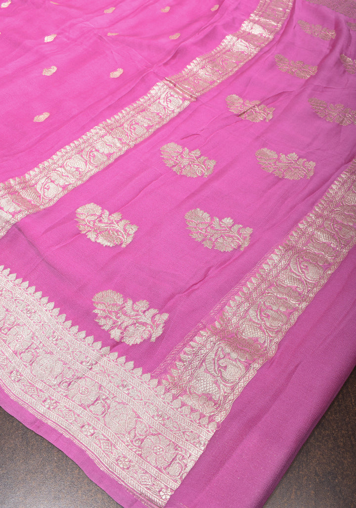 Thistle Banarasi Chiffon Silk Saree with Silver Zari Buttas and Zari Border | SILK MARK CERTIFIED