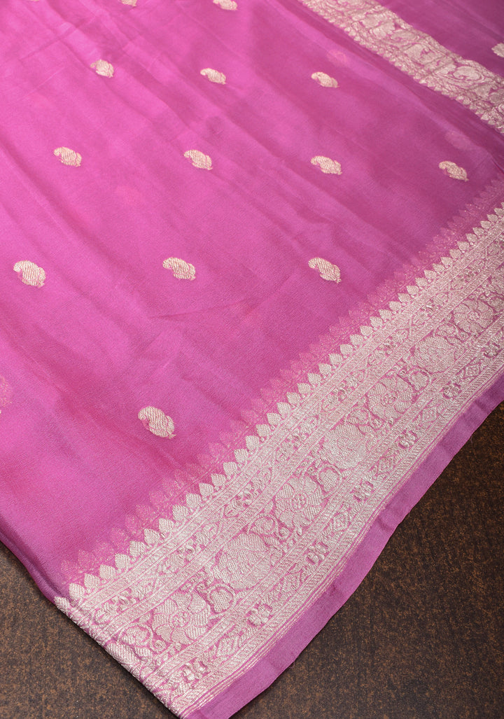Thistle Banarasi Chiffon Silk Saree with Silver Zari Buttas and Zari Border | SILK MARK CERTIFIED