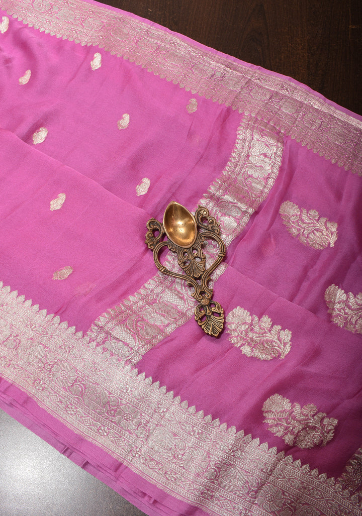 Thistle Banarasi Chiffon Silk Saree with Silver Zari Buttas and Zari Border | SILK MARK CERTIFIED
