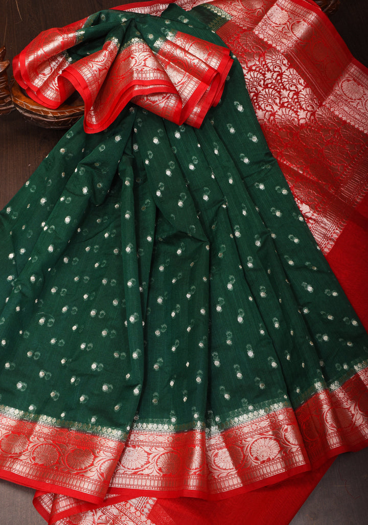 Bottle Green Mercerized Cotton Saree with Zari Buttas and Red Contrast Borders