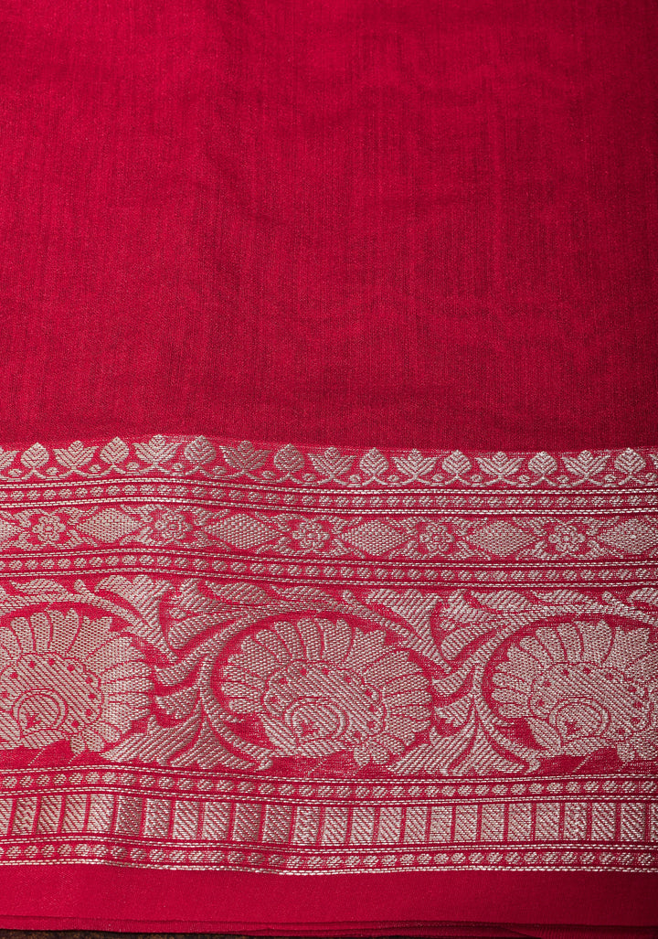 Bottle Green Mercerized Cotton Saree with Zari Buttas and Red Contrast Borders