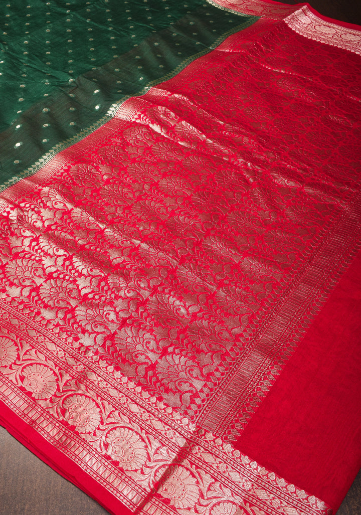 Bottle Green Mercerized Cotton Saree with Zari Buttas and Red Contrast Borders