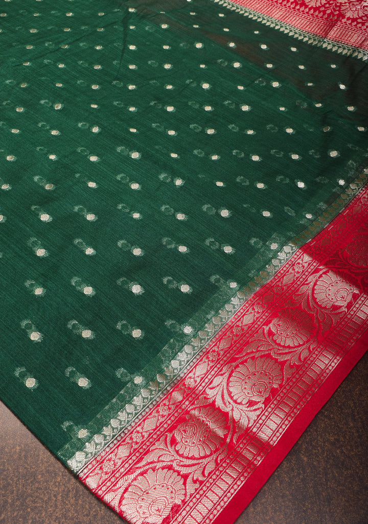 Bottle Green Mercerized Cotton Saree with Zari Buttas and Red Contrast Borders