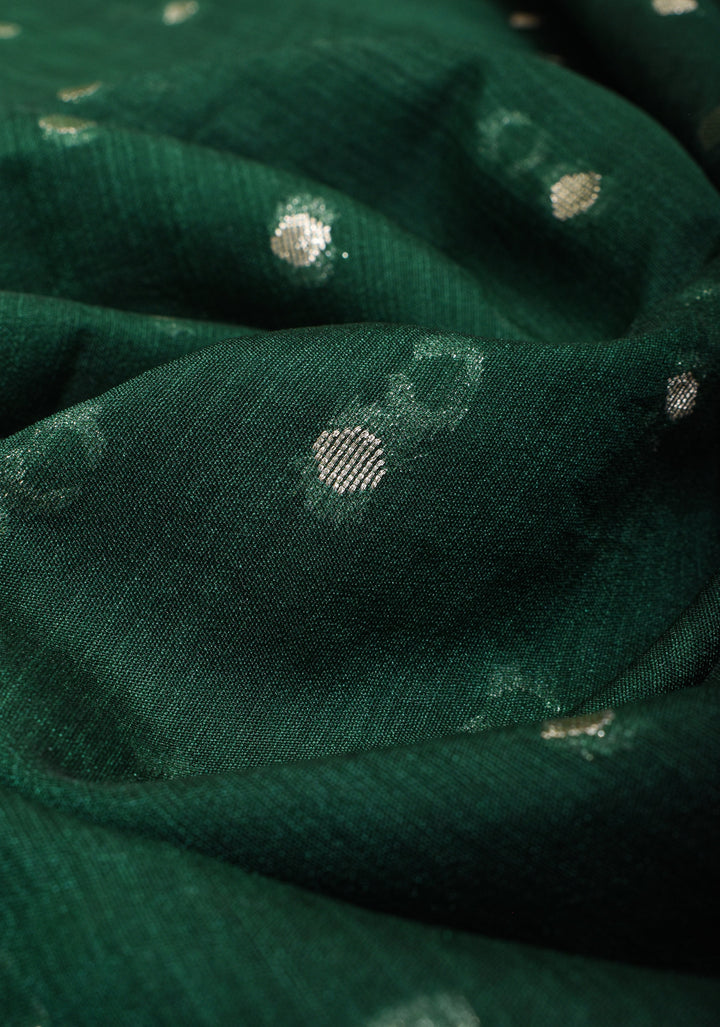 Bottle Green Mercerized Cotton Saree with Zari Buttas and Red Contrast Borders