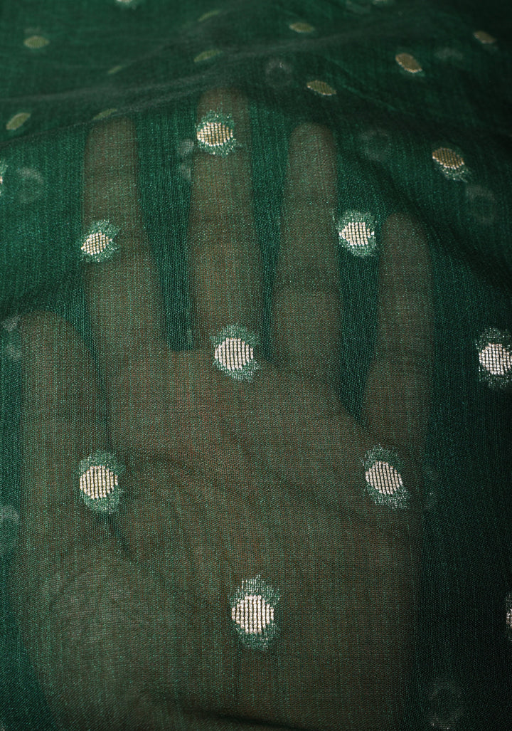 Bottle Green Mercerized Cotton Saree with Zari Buttas and Red Contrast Borders