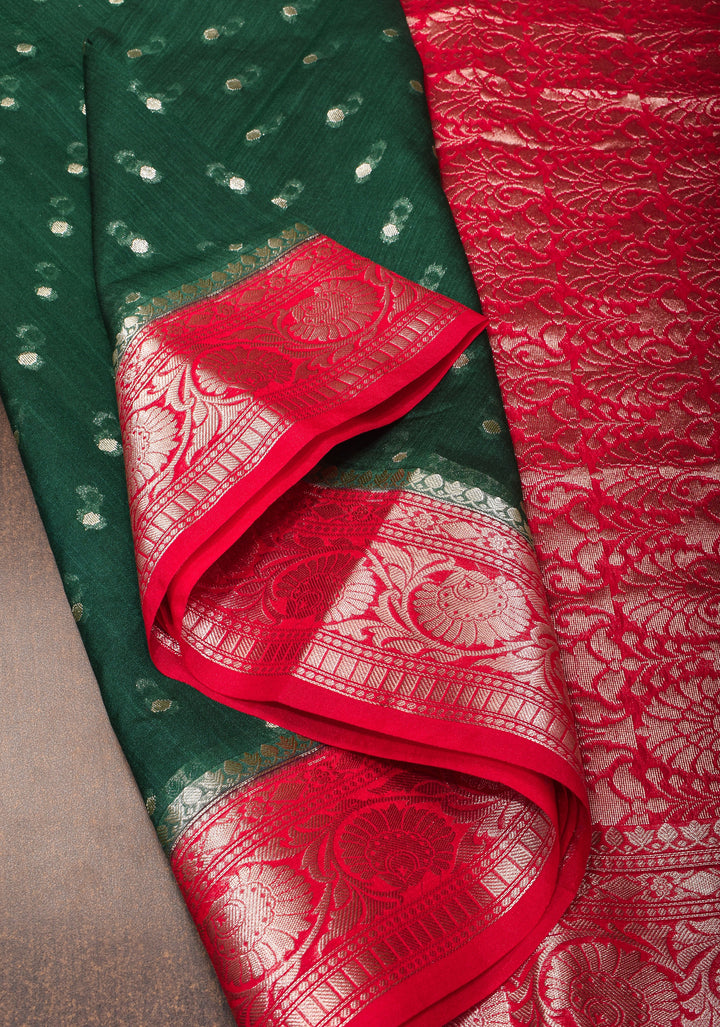 Bottle Green Mercerized Cotton Saree with Zari Buttas and Red Contrast Borders