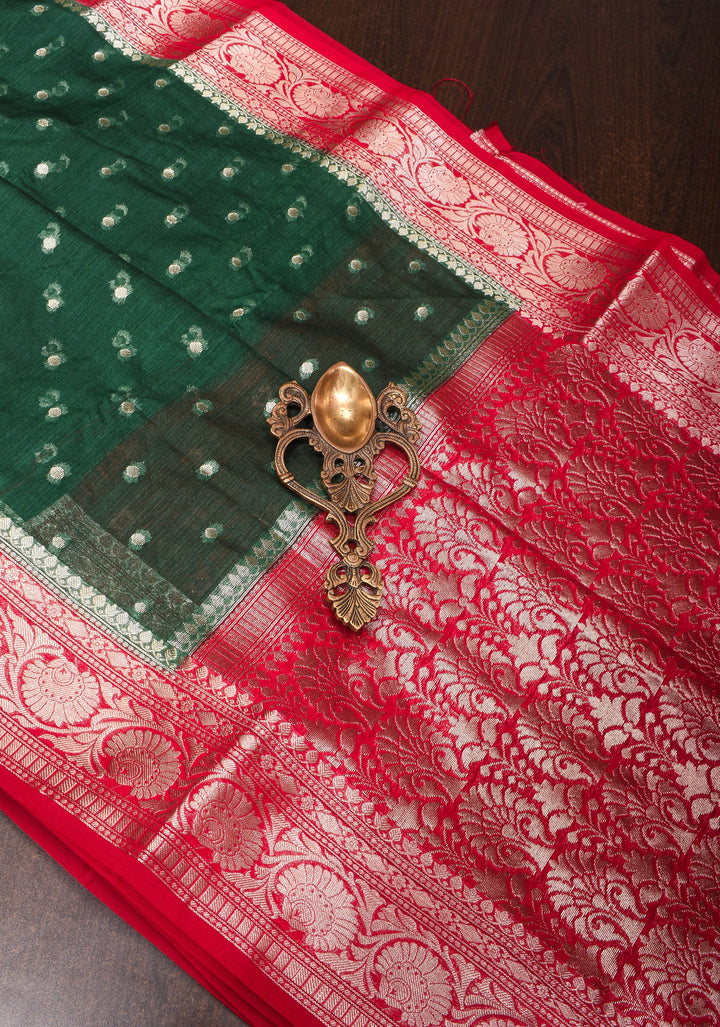 Bottle Green Mercerized Cotton Saree with Zari Buttas and Red Contrast Borders