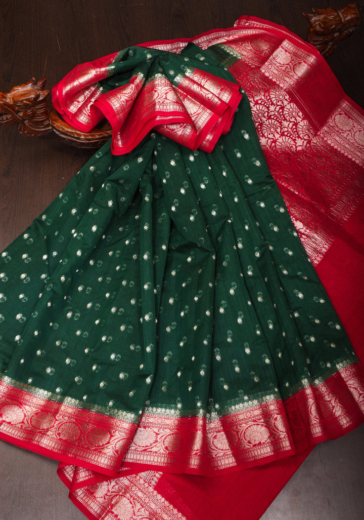 Bottle Green Mercerized Cotton Saree with Zari Buttas and Red Contrast Borders