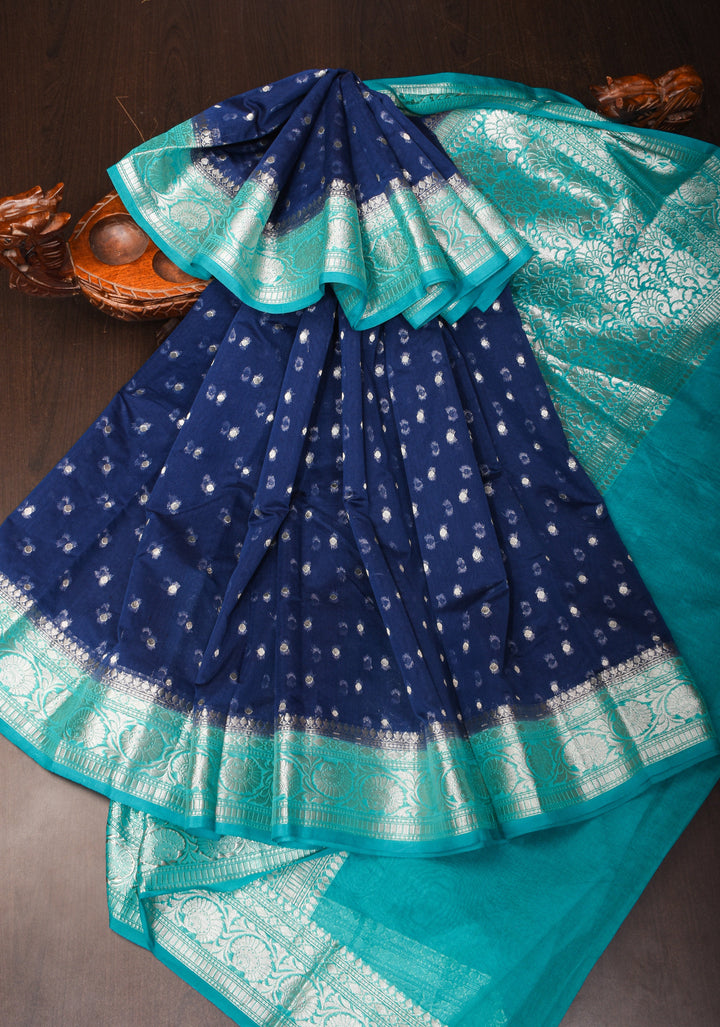 Midnight Blue Mercerized Cotton Saree with Zari Buttas and Contrast Border