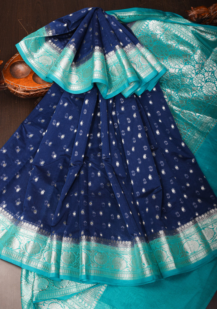 Midnight Blue Mercerized Cotton Saree with Zari Buttas and Contrast Border