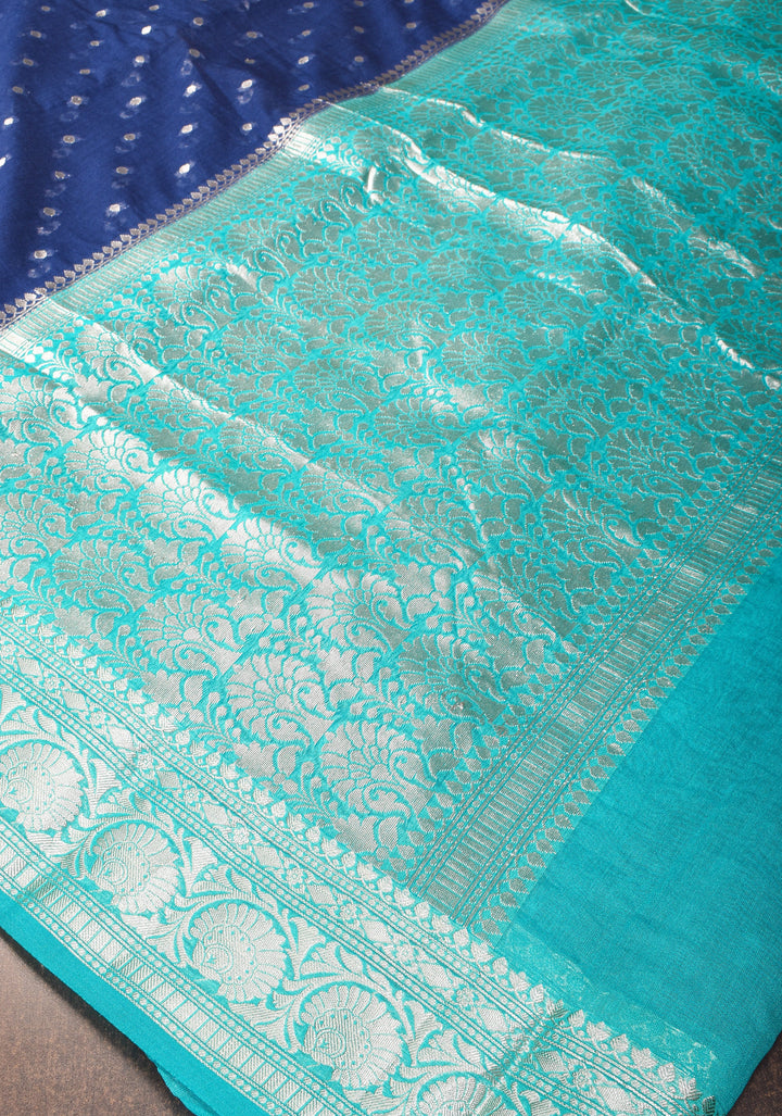 Midnight Blue Mercerized Cotton Saree with Zari Buttas and Contrast Border