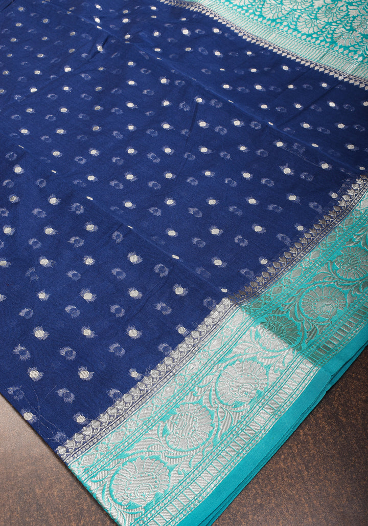 Midnight Blue Mercerized Cotton Saree with Zari Buttas and Contrast Border