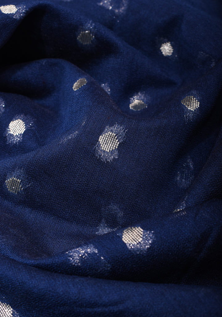 Midnight Blue Mercerized Cotton Saree with Zari Buttas and Contrast Border