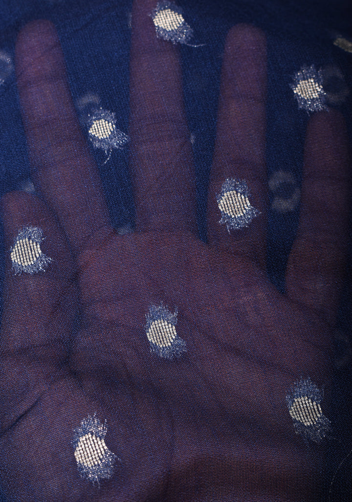 Midnight Blue Mercerized Cotton Saree with Zari Buttas and Contrast Border