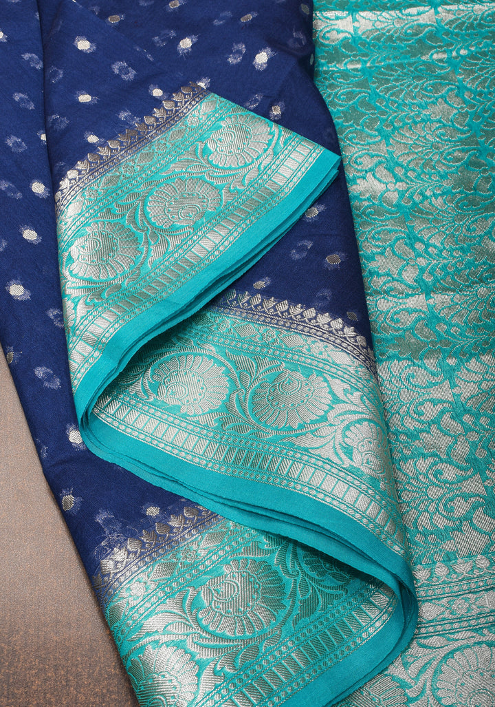 Midnight Blue Mercerized Cotton Saree with Zari Buttas and Contrast Border