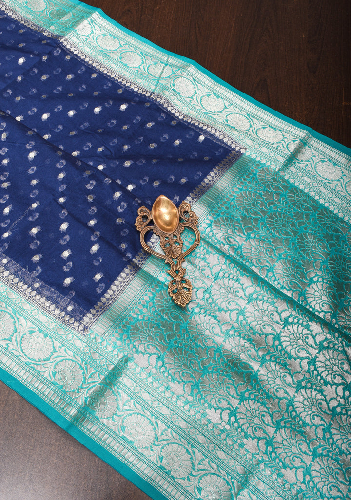 Midnight Blue Mercerized Cotton Saree with Zari Buttas and Contrast Border