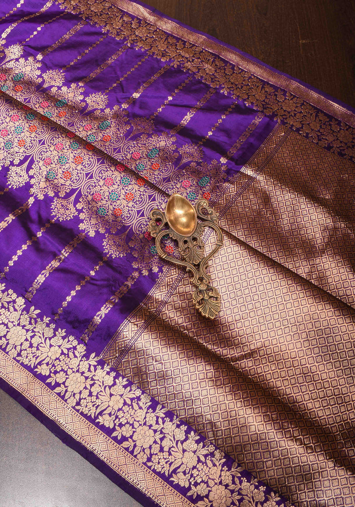 Purple Pure Banarasi Katan Silk Saree with Meenakari Floral Brocade and Zari Border | SILK MARK CERTIFIED