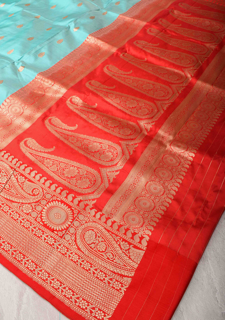 SeaFoam Banarasi Katan silk saree with Zari Buttas and Contrast Red Zari Border | SILK MARK CERTIFIED