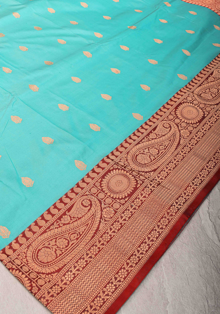 SeaFoam Banarasi Katan silk saree with Zari Buttas and Contrast Red Zari Border | SILK MARK CERTIFIED