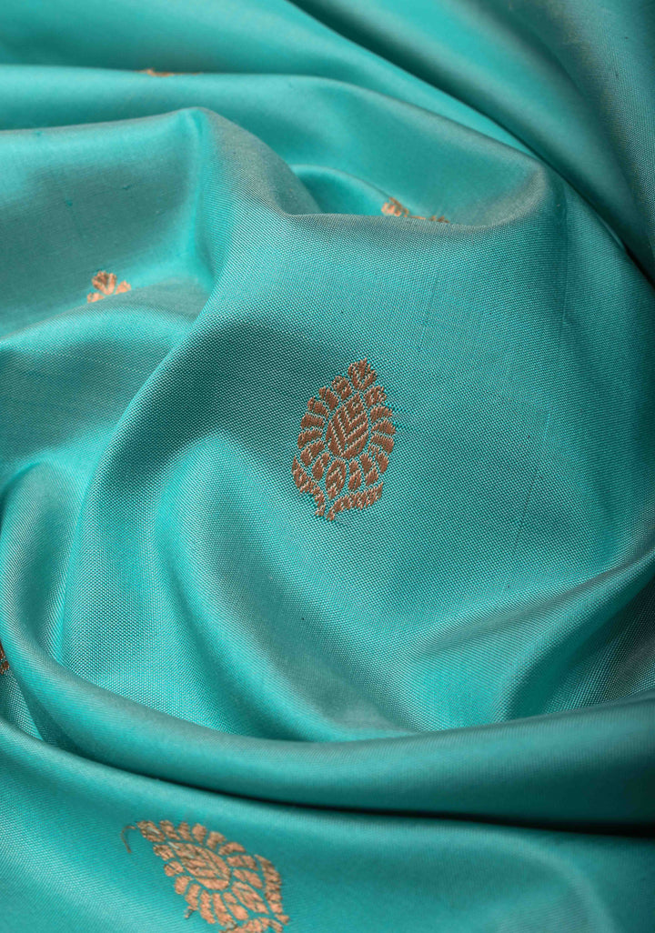 SeaFoam Banarasi Katan silk saree with Zari Buttas and Contrast Red Zari Border | SILK MARK CERTIFIED