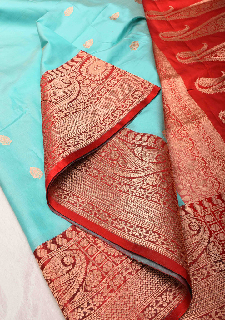 SeaFoam Banarasi Katan silk saree with Zari Buttas and Contrast Red Zari Border | SILK MARK CERTIFIED