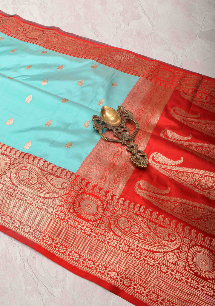 SeaFoam Banarasi Katan silk saree with Zari Buttas and Contrast Red Zari Border | SILK MARK CERTIFIED