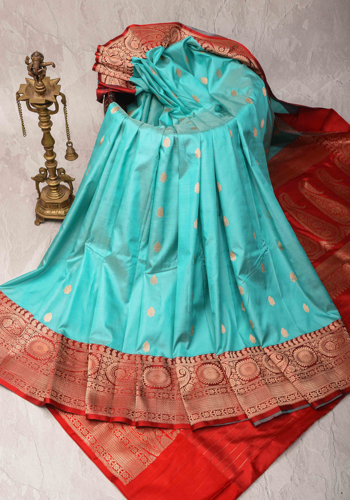 SeaFoam Banarasi Katan silk saree with Zari Buttas and Contrast Red Zari Border | SILK MARK CERTIFIED