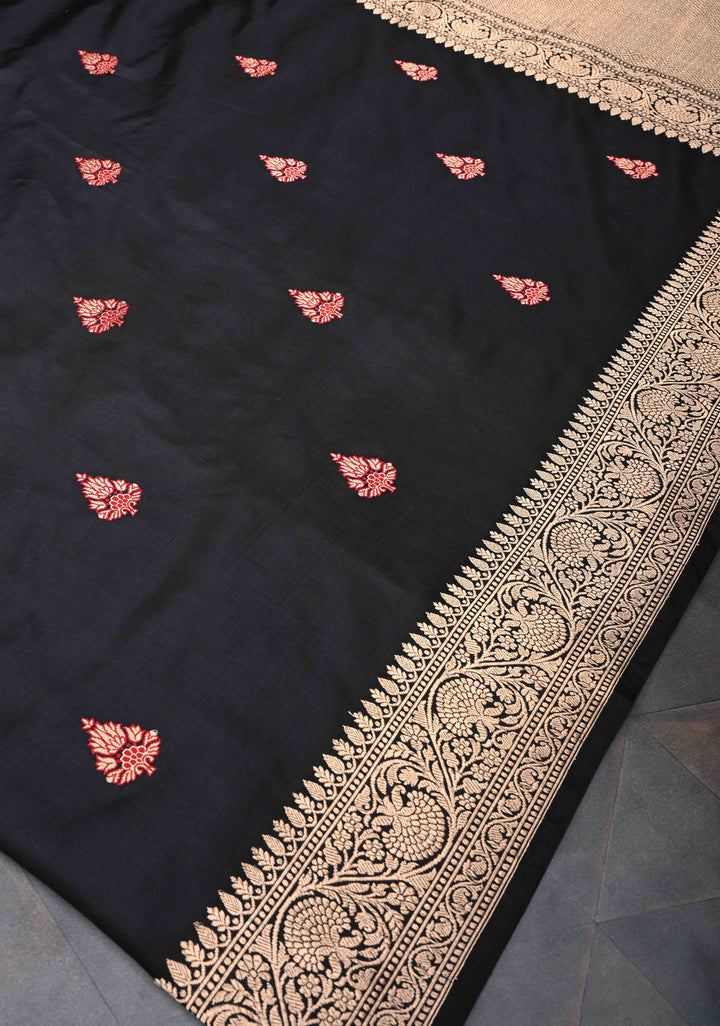 Black Banarasi  Katan Silk Saree with Meenakari Zari Butta and Zari Border | SILK MARK CERTIFIED