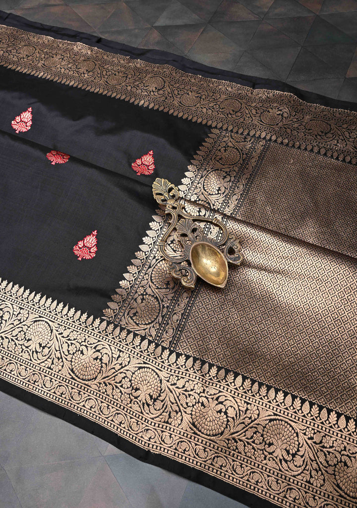 Black Banarasi  Katan Silk Saree with Meenakari Zari Butta and Zari Border | SILK MARK CERTIFIED