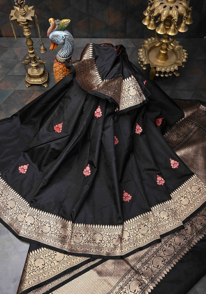 Black Banarasi  Katan Silk Saree with Meenakari Zari Butta and Zari Border | SILK MARK CERTIFIED