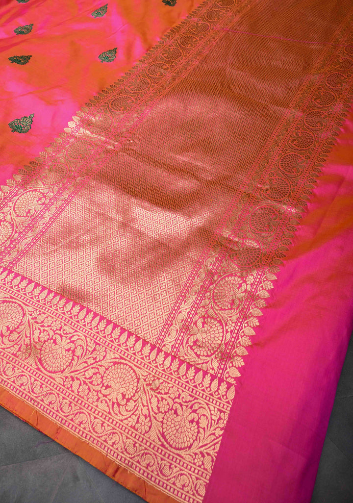 Hot Pink Dual Tone Banarasi Katan Silk Saree with Meenakari Zari Buttas And Zari Border | SILK MARK CERTIFIED
