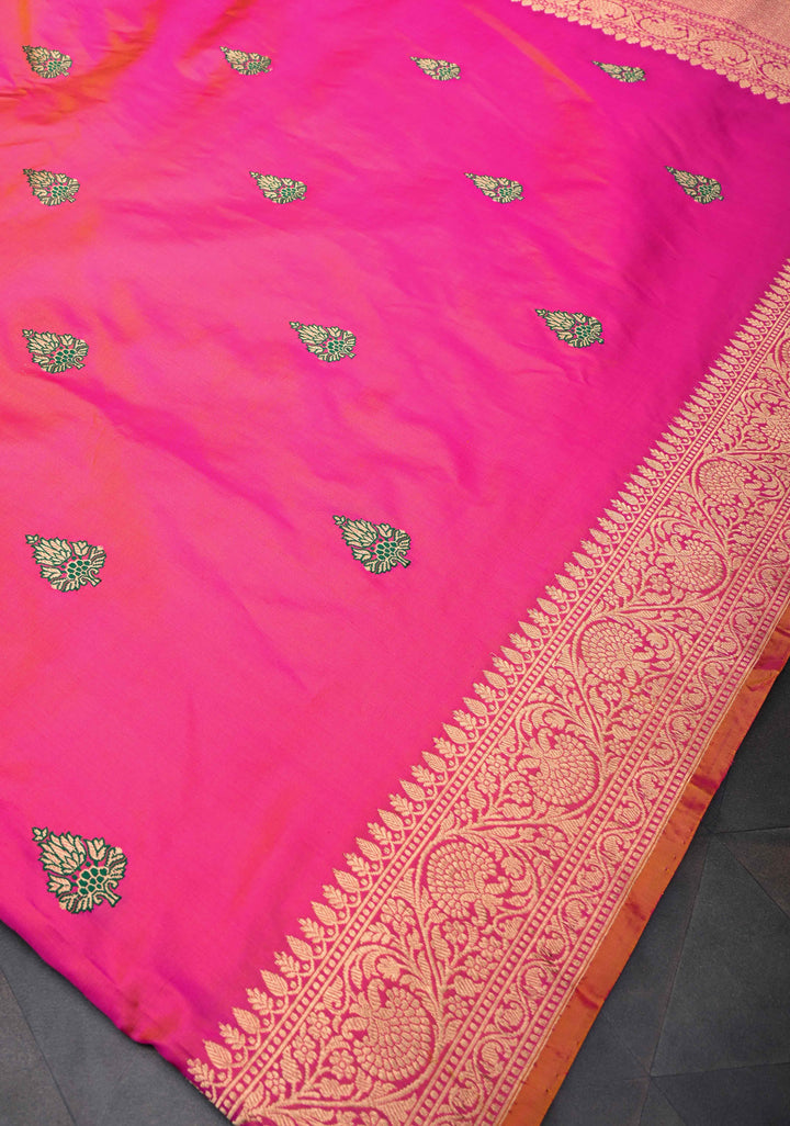 Hot Pink Dual Tone Banarasi Katan Silk Saree with Meenakari Zari Buttas And Zari Border | SILK MARK CERTIFIED