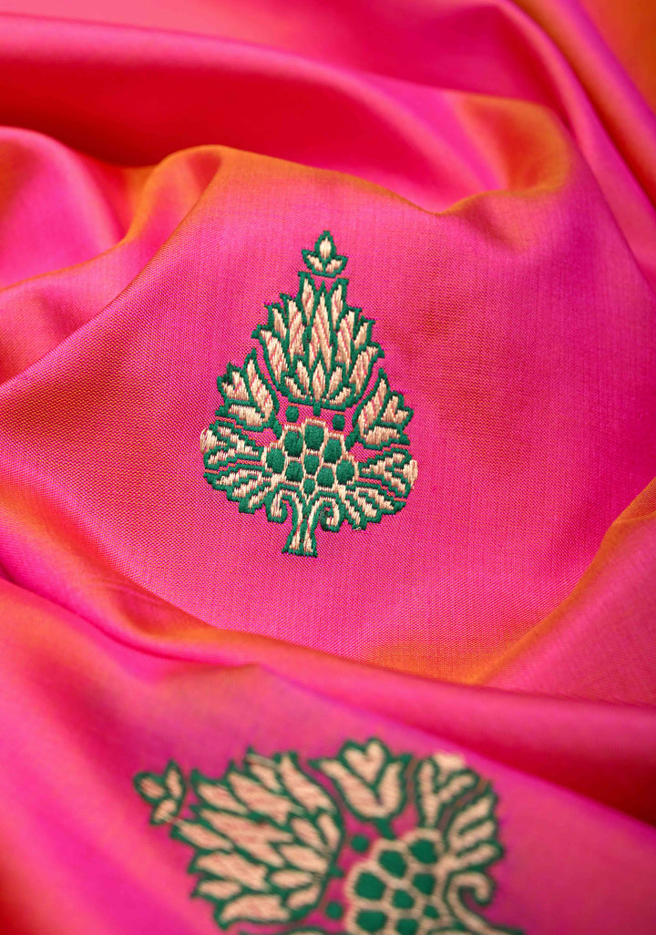 Hot Pink Dual Tone Banarasi Katan Silk Saree with Meenakari Zari Buttas And Zari Border | SILK MARK CERTIFIED