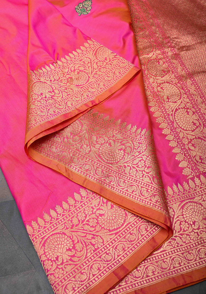 Hot Pink Dual Tone Banarasi Katan Silk Saree with Meenakari Zari Buttas And Zari Border | SILK MARK CERTIFIED