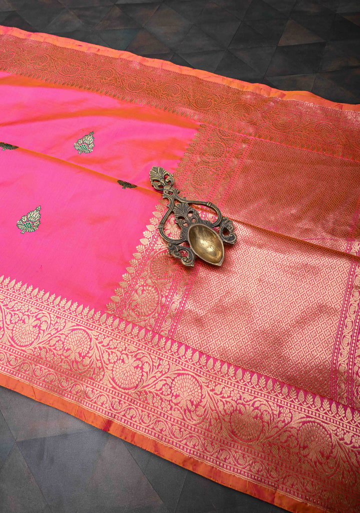 Hot Pink Dual Tone Banarasi Katan Silk Saree with Meenakari Zari Buttas And Zari Border | SILK MARK CERTIFIED