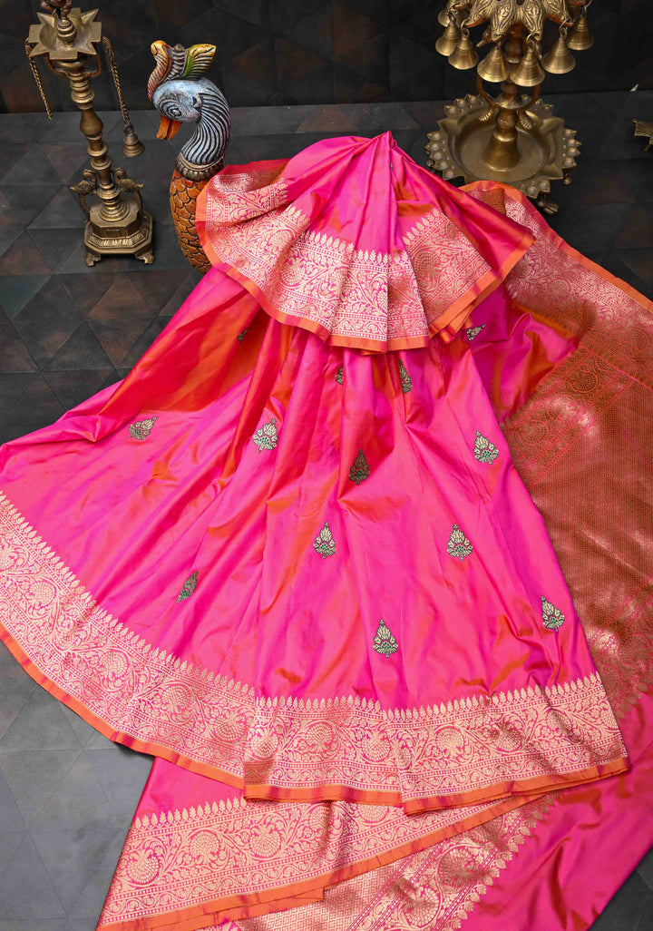 Hot Pink Dual Tone Banarasi Katan Silk Saree with Meenakari Zari Buttas And Zari Border | SILK MARK CERTIFIED