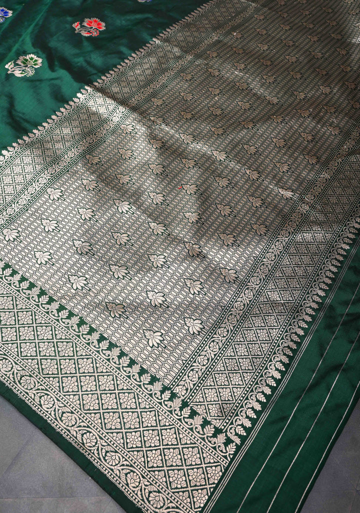 Bottle green Banarasi Katan Silk Saree with Meenakari Zari Buttas And Zari Border | SILK MARK CERTIFIED