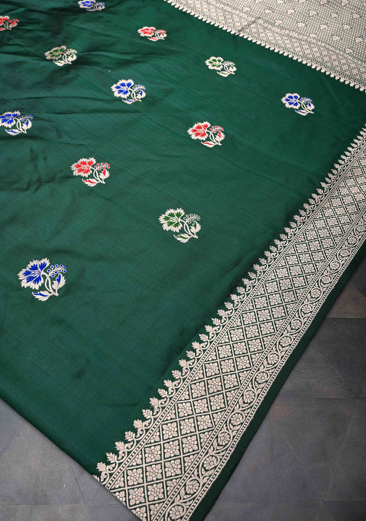 Bottle green Banarasi Katan Silk Saree with Meenakari Zari Buttas And Zari Border | SILK MARK CERTIFIED