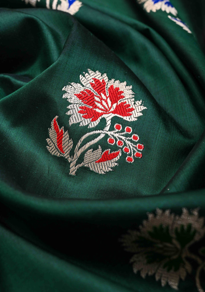 Bottle green Banarasi Katan Silk Saree with Meenakari Zari Buttas And Zari Border | SILK MARK CERTIFIED