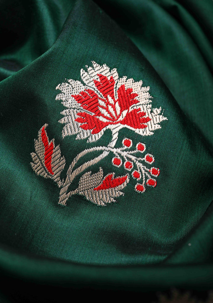 Bottle green Banarasi Katan Silk Saree with Meenakari Zari Buttas And Zari Border | SILK MARK CERTIFIED