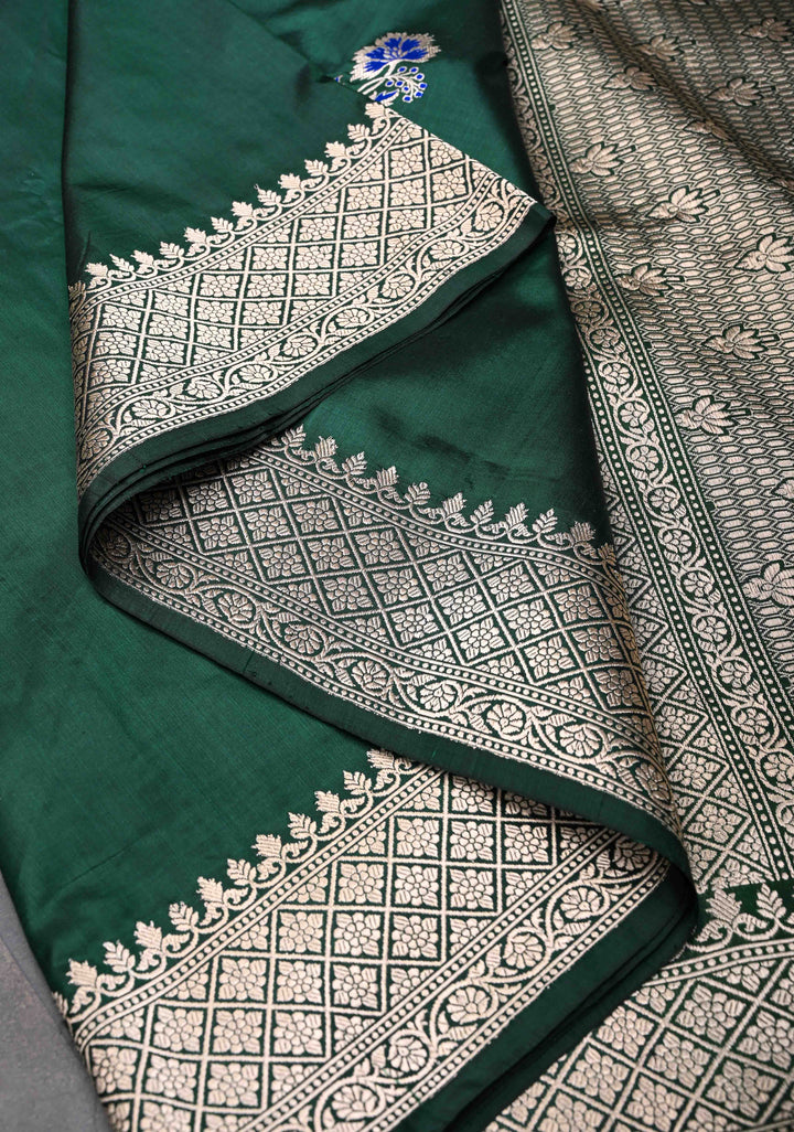 Bottle green Banarasi Katan Silk Saree with Meenakari Zari Buttas And Zari Border | SILK MARK CERTIFIED