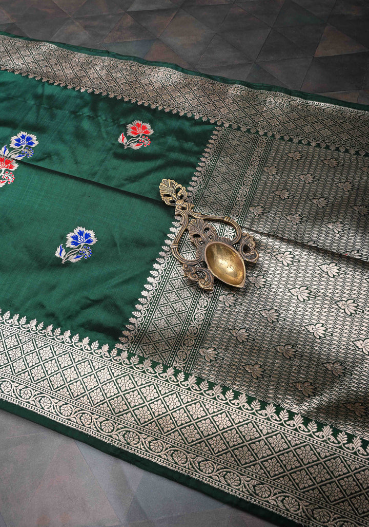 Bottle green Banarasi Katan Silk Saree with Meenakari Zari Buttas And Zari Border | SILK MARK CERTIFIED